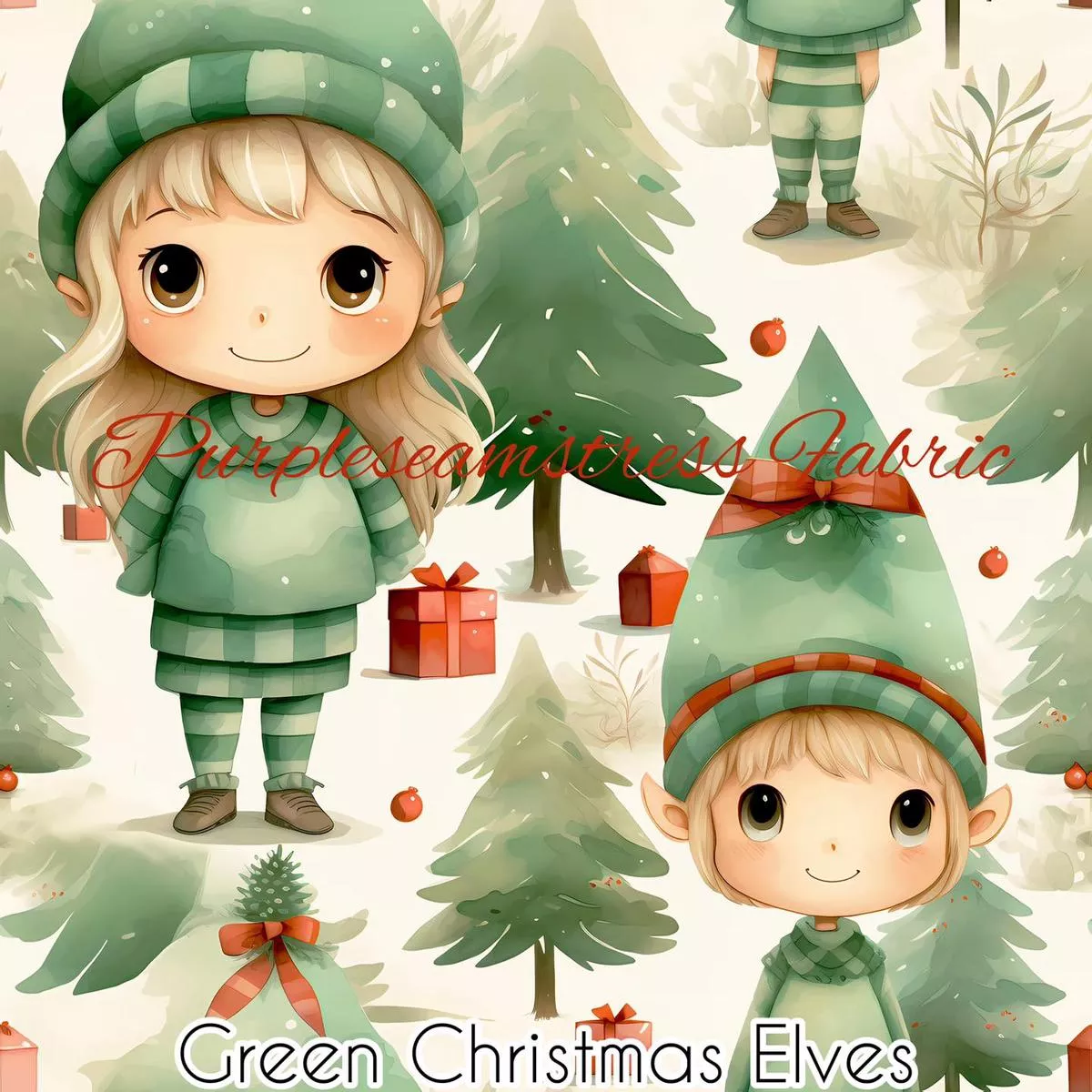 Green Christmas ElvesFabric