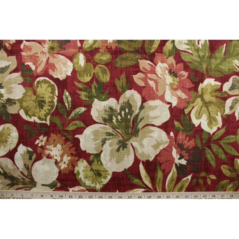 Magnolia Hibiscus Floral Fabric in Scarlet