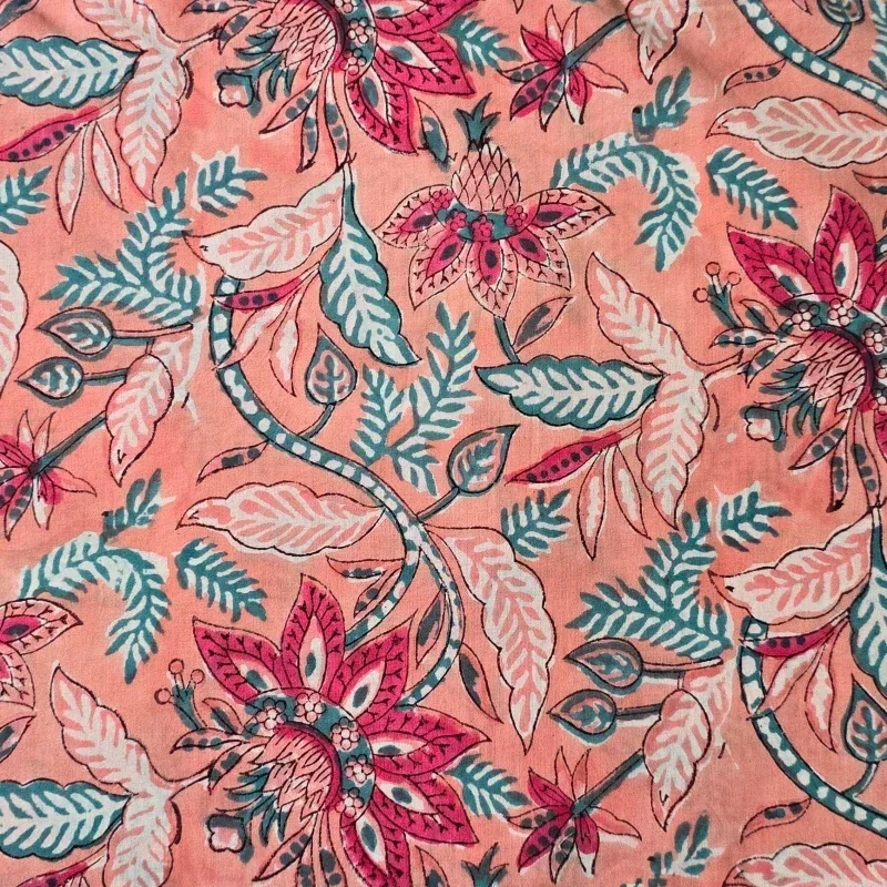 ( Pre-Cut 0.82 Meter ) Pure Cotton Jaipuri Peach With Pink Wild JungleFlower Jaal Hand Block Print Fabric
