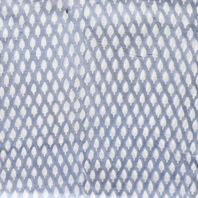( PRE-CUT 1.45 CM ) Pure Cotton Jaipuri GreyWith White Flower BudMotif Hand Block Print Fabric