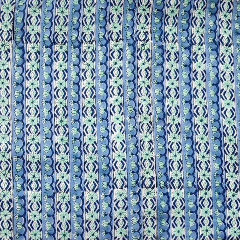 ( PRE-CUT 1.5 METER ) Pure Cotton Jaipuri White And Blue And Teal Intricate Border Design Flower Motif Hand Block Print Fabric