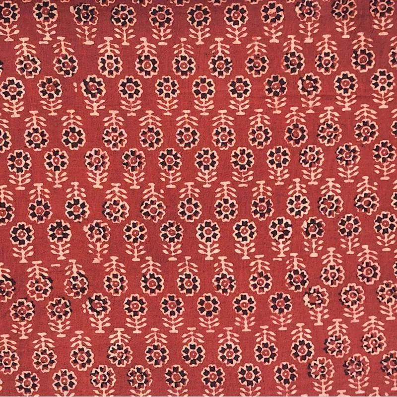 ( PRE-CUT 1.75 METER ) Pure Cotton Ajrak Vegetable Dyed Red With Cream Flower Motif Hand Block Print Fabric