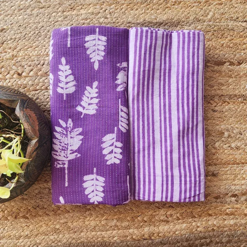 Top Bottom Combo Pure Cotton Dabu Kaatha Purple With White Leaf And Stripes Hand Block Print Fabric (2.5 Meters Each)