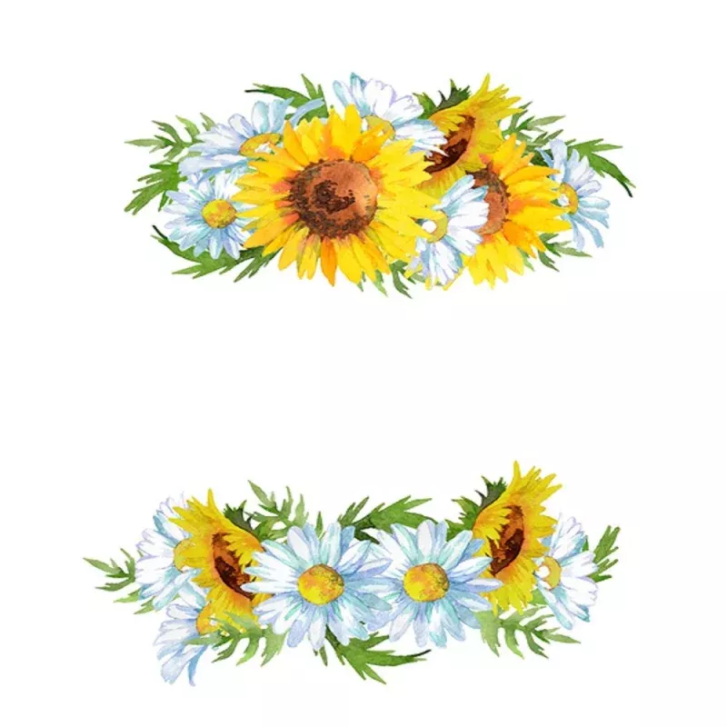 Watercolor Floral, Sunflowers And White Daisies Fabric Panel – White